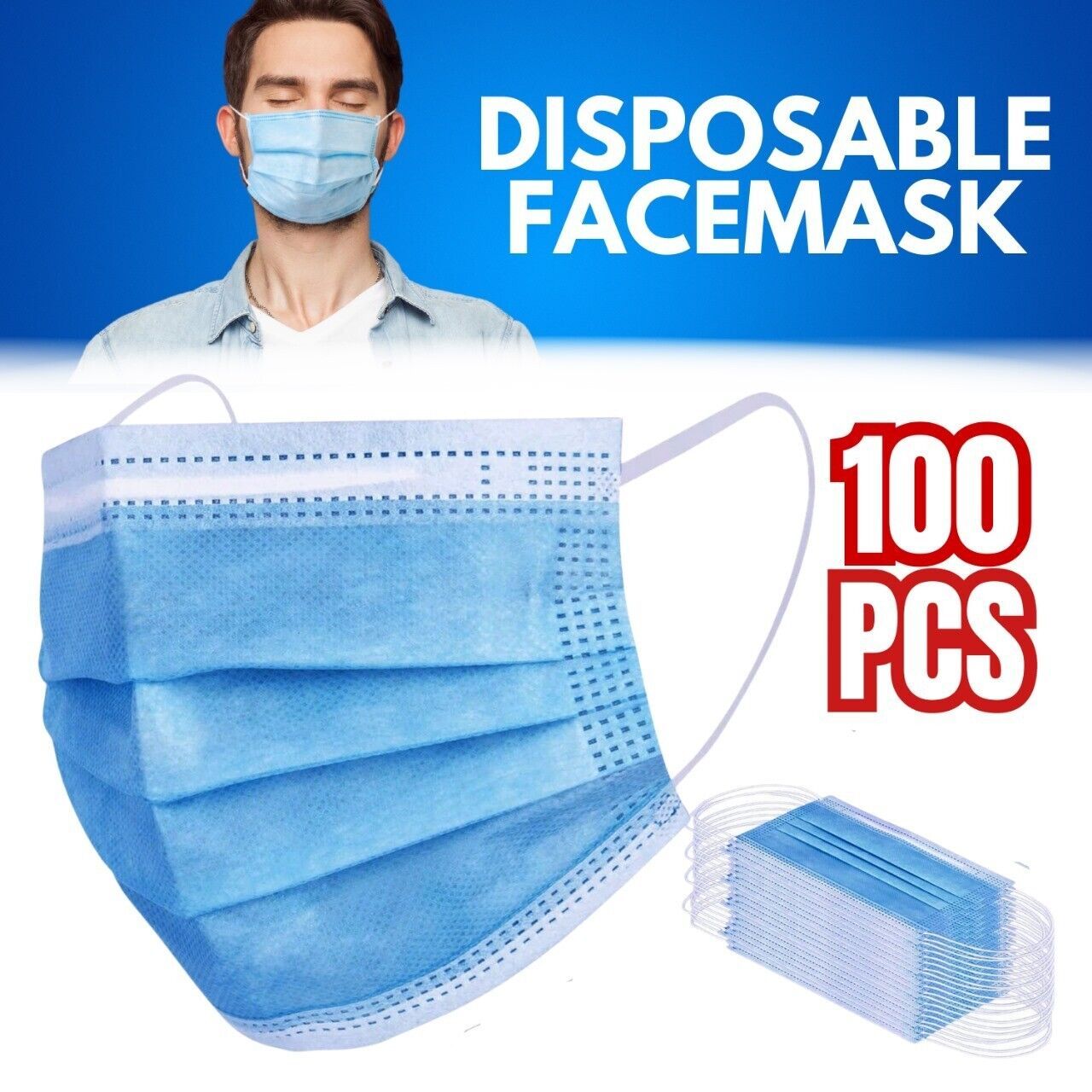 100 PC Face Mask Non Medical Surgical Disposable 3Ply Earloop Mouth Cover - Blue