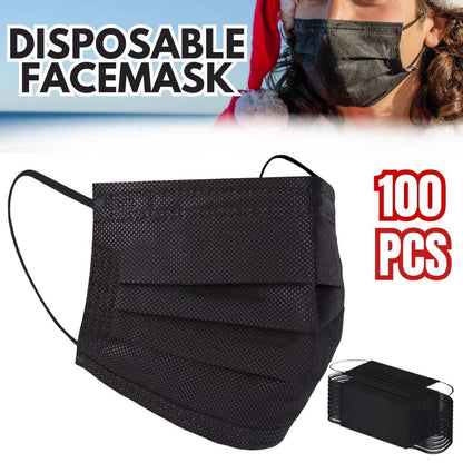 100 PC Face Mask Non Medical Surgical Disposable 3Ply Earloop Mouth Cover - Black