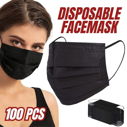 100 PC Face Mask Non Medical Surgical Disposable 3Ply Earloop Mouth Cover - Black