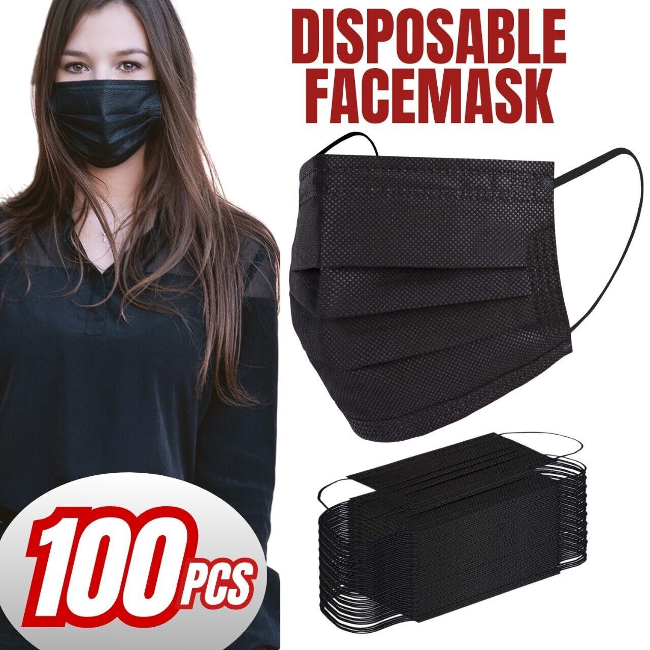 100 PC Face Mask Non Medical Surgical Disposable 3Ply Earloop Mouth Cover - Black